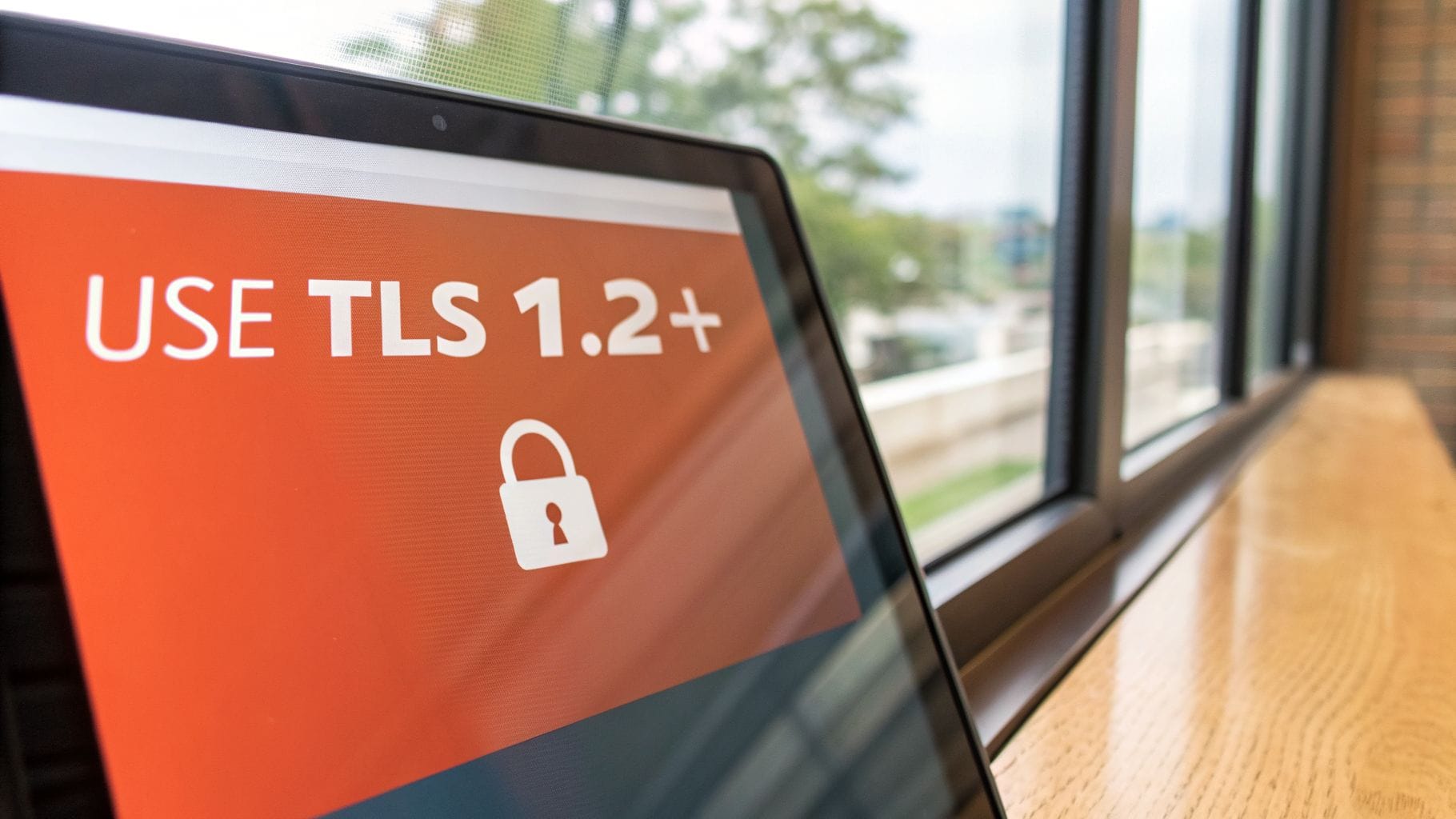 A close-up of a laptop screen displaying the message "USE TLS 1.2+" in bold white text on a red background, with a padlock icon underneath, placed near a window with natural light.
