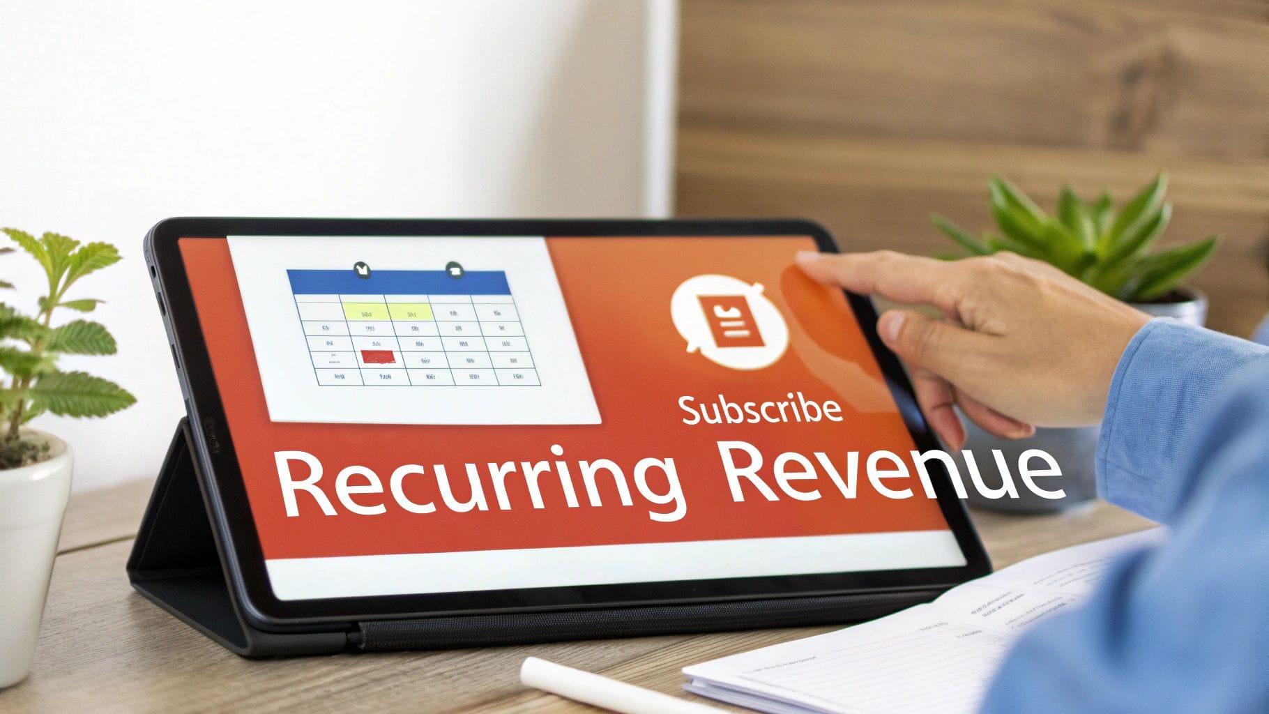 A person’s hand touches a tablet displaying the words "Subscribe" and "Recurring Revenue" over a vibrant orange background, alongside a calendar graphic; a plant is in the background.