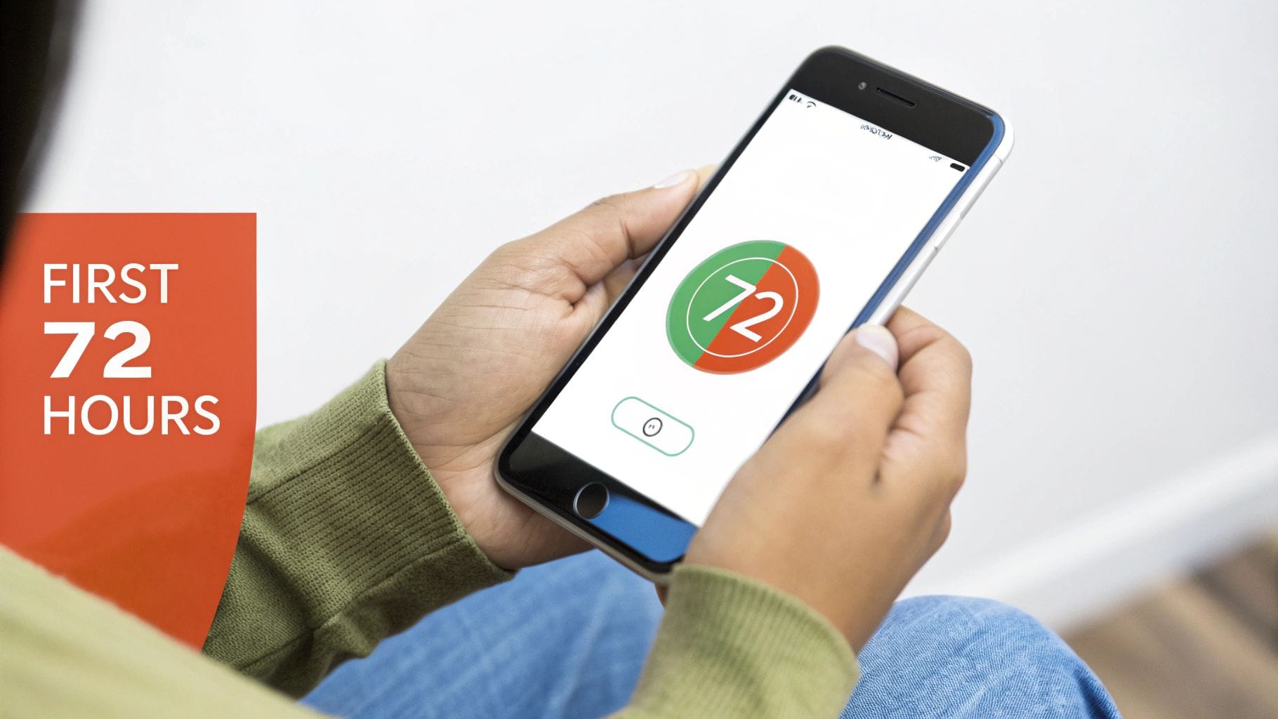 A person holds a smartphone displaying a colorful app interface showing the number 72, with a circular graphic and an icon button below, against a light background.