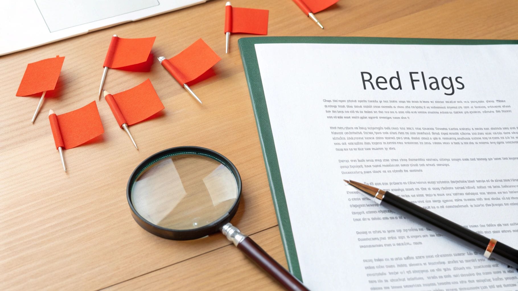 A wooden table with a green document titled "Red Flags," several red flags made of paper, a magnifying glass, and a pen positioned beside the document.