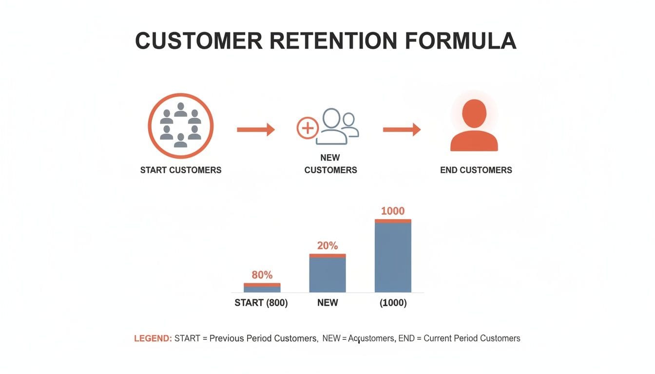 Graphic showing a customer retention formula. It includes icons for start customers, new customers, and end customers, with a bar graph displaying numbers and percentages.