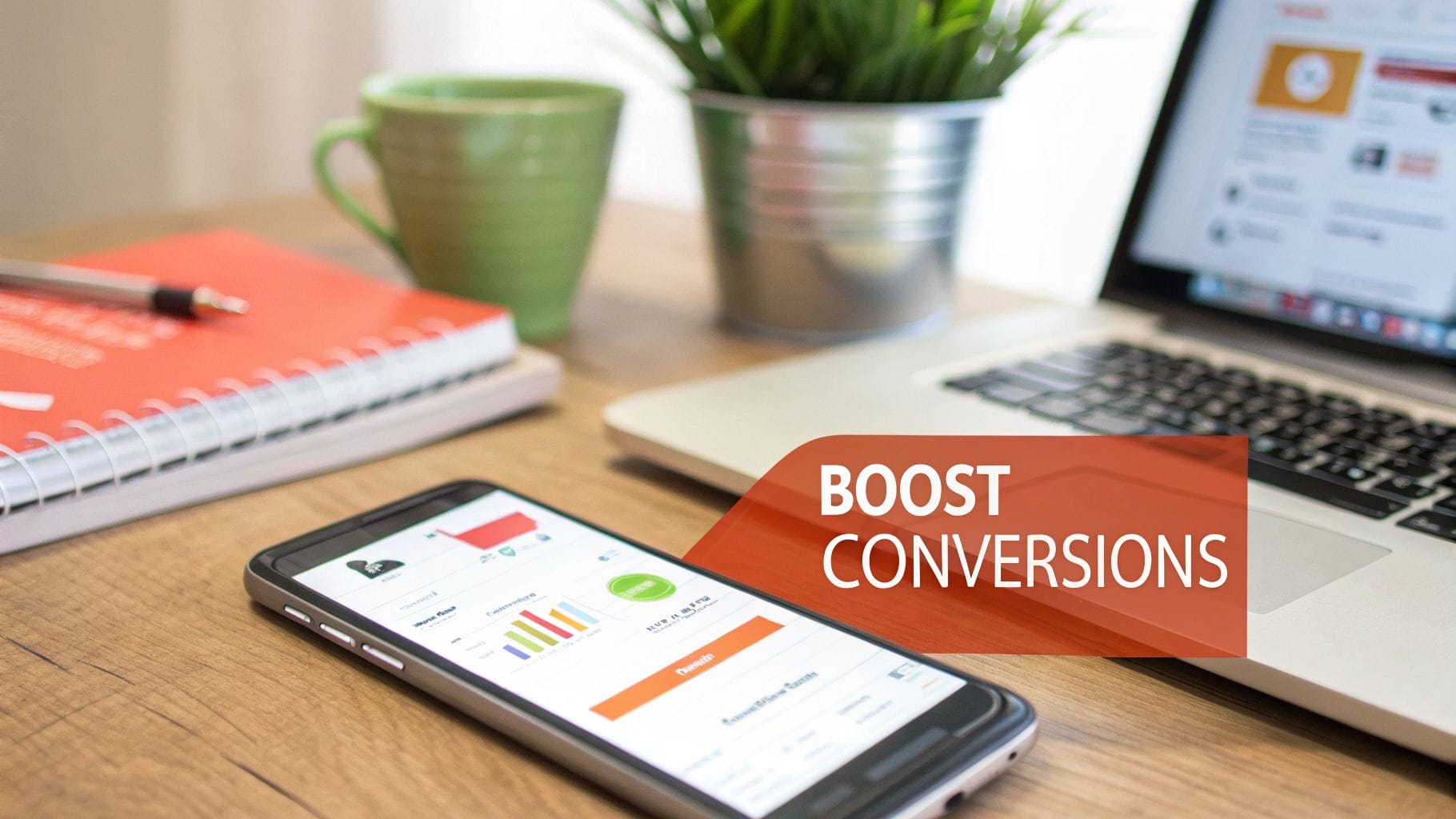 A smartphone displays a graph on its screen, positioned next to a green mug, a notebook, and a laptop on a wooden desk. A banner overlay reads "BOOST CONVERSIONS.