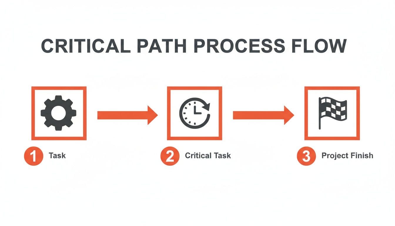 Diagram showing a three-step process for critical path: 1. Task represented by a gear icon, 2. Critical task shown with a clock icon, 3. Project finish marked by a checkered flag icon.