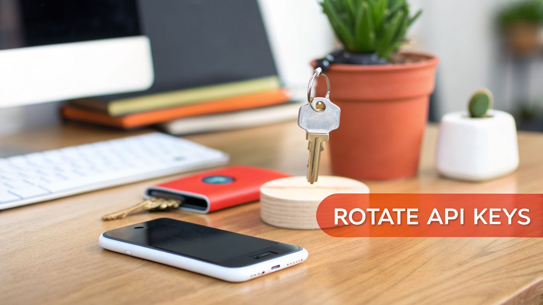 A smartphone, a red wallet, a wooden coaster holding a key, and potted plants are arranged on a desk. The text "ROTATE API KEYS" appears prominently in orange.