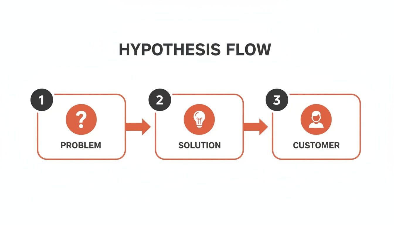 A flowchart labeled "HYPOTHESIS FLOW" showing three steps: 1. PROBLEM (question mark), 2. SOLUTION (light bulb), and 3. CUSTOMER (user icon) connected by arrows.