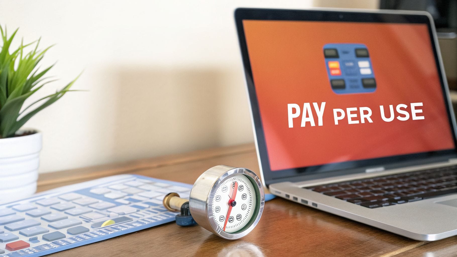 A laptop displays "PAY PER USE" on a reddish background, next to a pressure gauge and a light green potted plant on a wooden desk.