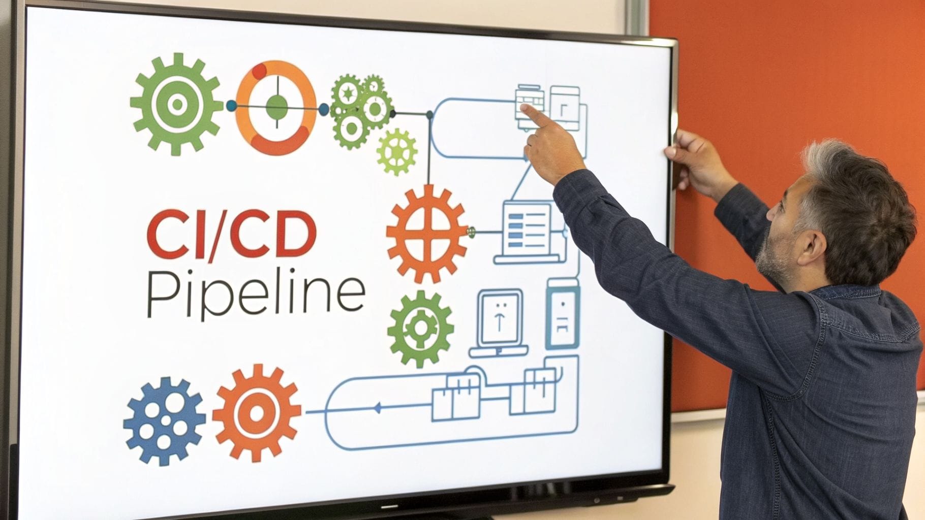 A person points at a large screen displaying a CI/CD pipeline diagram with colorful gears and boxes, illustrating the stages of continuous integration and deployment.