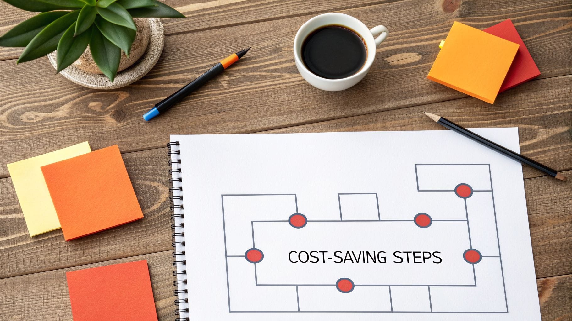 A workspace with a plant, a cup of black coffee, colored sticky notes, and a spiral notebook displaying a flowchart titled "COST-SAVING STEPS.