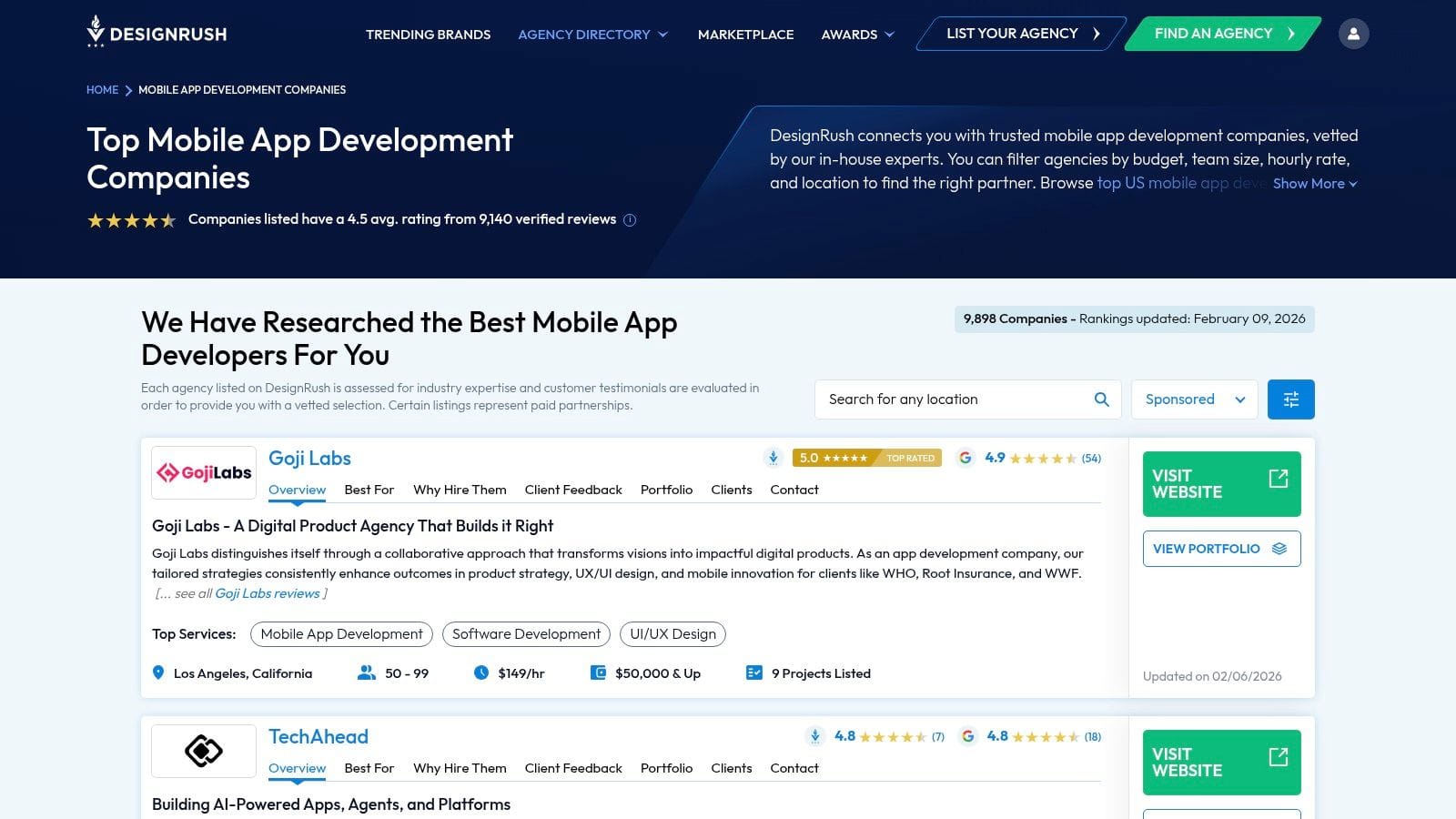 A webpage titled "Top Mobile App Development Companies" features a list of agencies, including Goji Labs, with details like ratings, services offered, and contact options displayed in a stru
