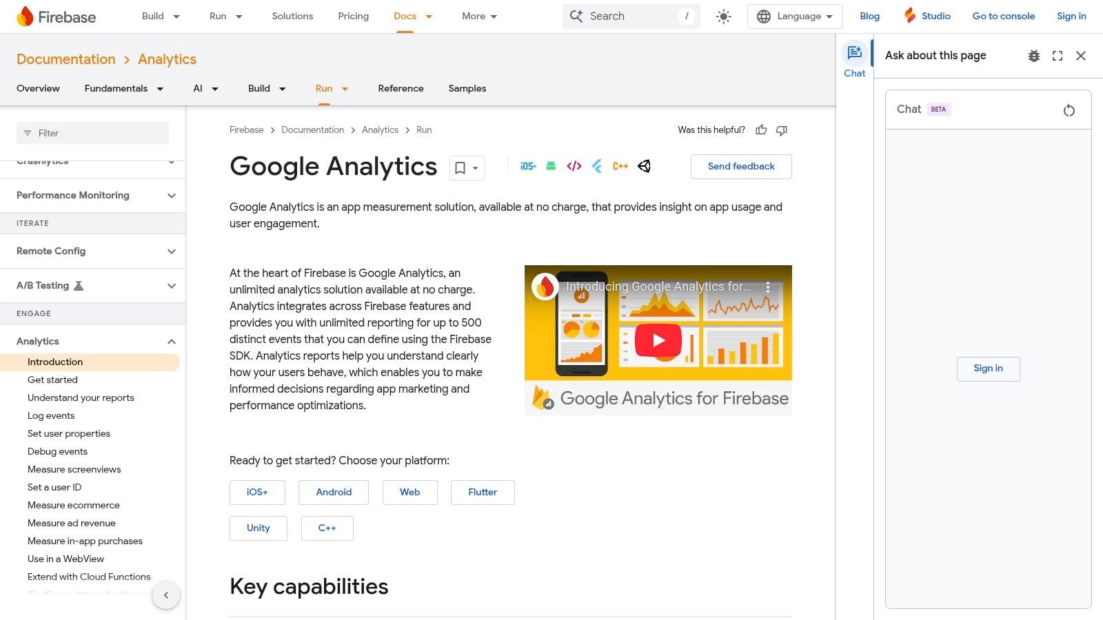 The image shows a webpage from Firebase documentation featuring Google Analytics. It includes a section title, an introductory paragraph, and a visual highlighting key features.