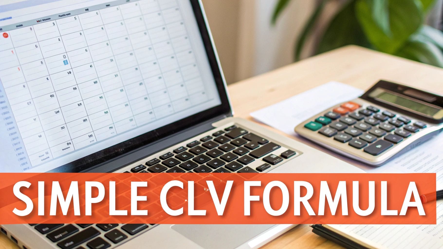 A laptop displays a calendar on the screen, next to a calculator and papers on a wooden table. Bold text at the bottom reads “SIMPLE CLV FORMULA.”