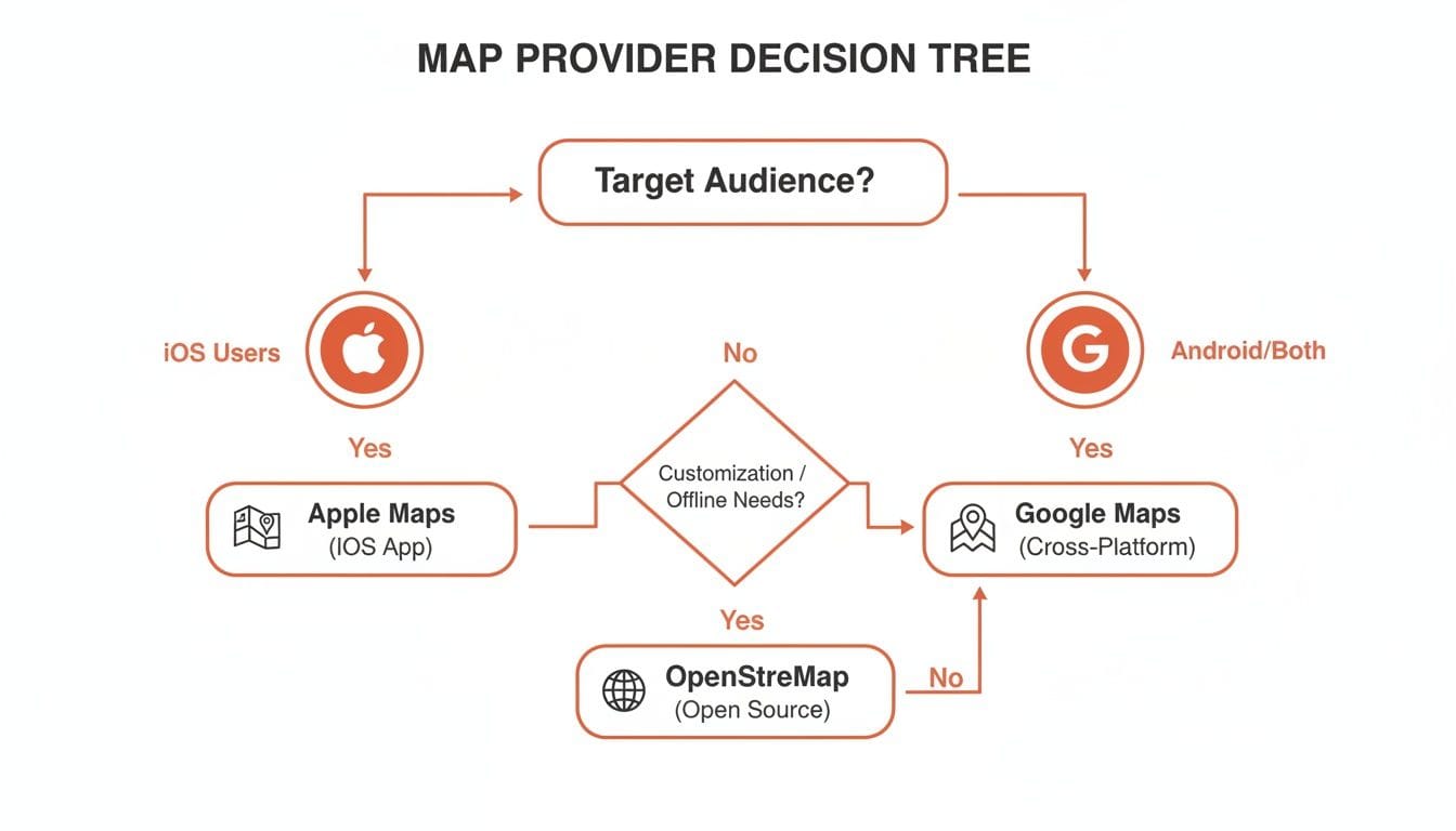 A decision tree diagram for selecting a map provider, labeled with options for iOS users and Android/both, leading to Apple Maps, Google Maps, or OpenStreetMap based on user needs.