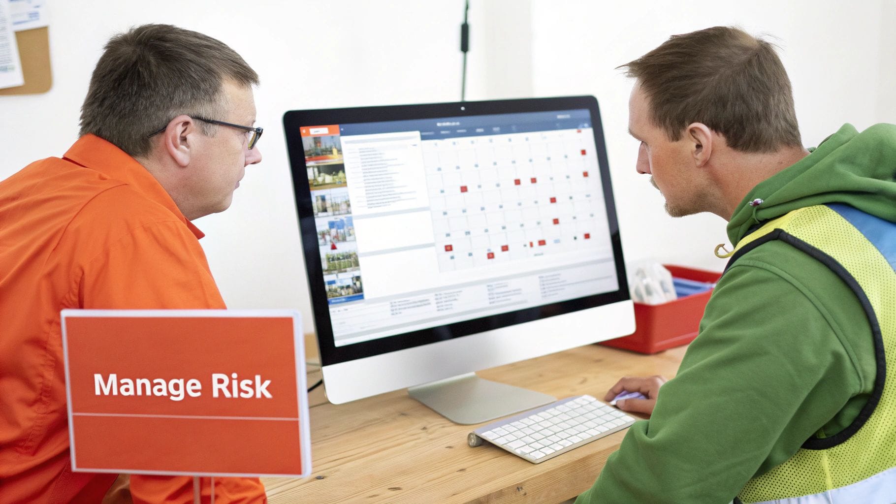 Two men discuss project management at a desk with a computer displaying a calendar. A sign reading "Manage Risk" is in the foreground, emphasizing the topic of the discussion.