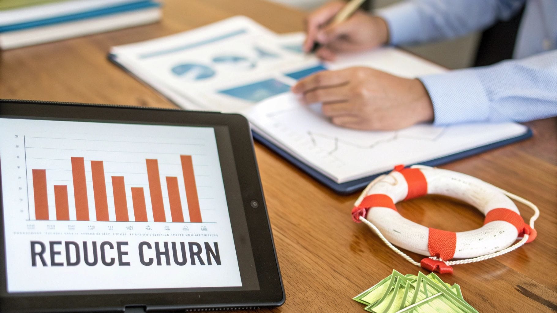 A tablet displaying a bar graph with the text "REDUCE CHURN" in bold. In the background, a person is writing in a notebook, and a lifebuoy and stack of green notecards are on the table.
