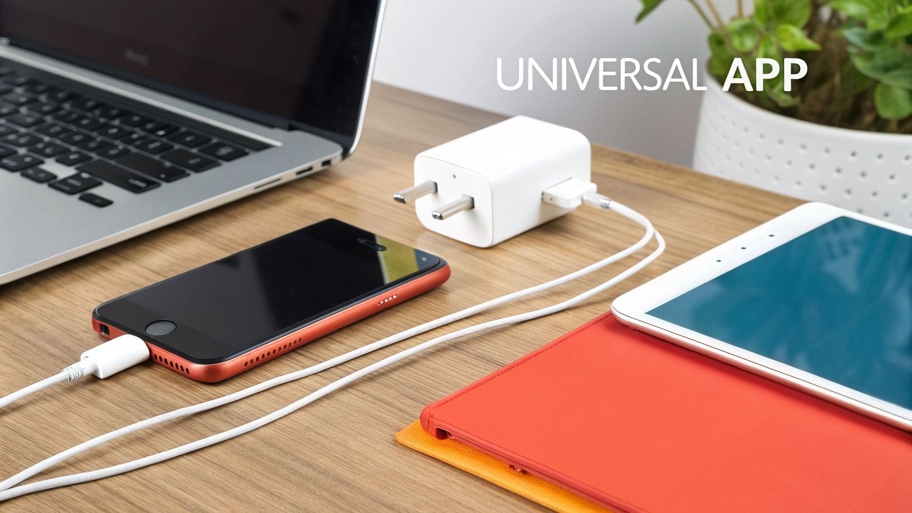 A laptop and smartphone are placed on a wooden desk along with a white charger and a tablet covered in a colorful case, suggesting a mobile development workspace.