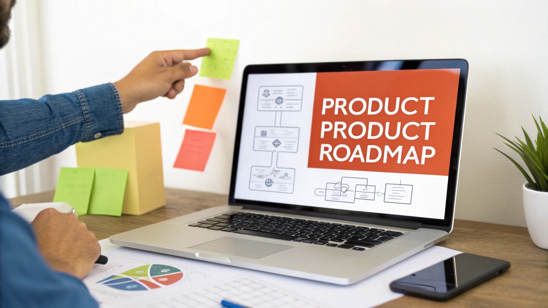 A hand points at a laptop screen displaying a "Product Roadmap." Nearby, colorful sticky notes and a potted plant are visible on a wooden desk, along with printed charts.
