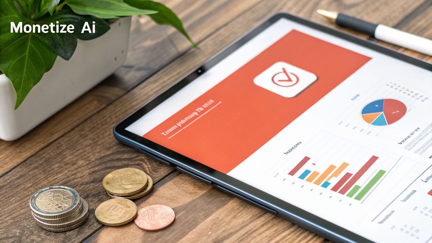 A tablet displays a dashboard with colorful graphs and charts, alongside a small stack of coins on a wooden table and a green potted plant in the background.