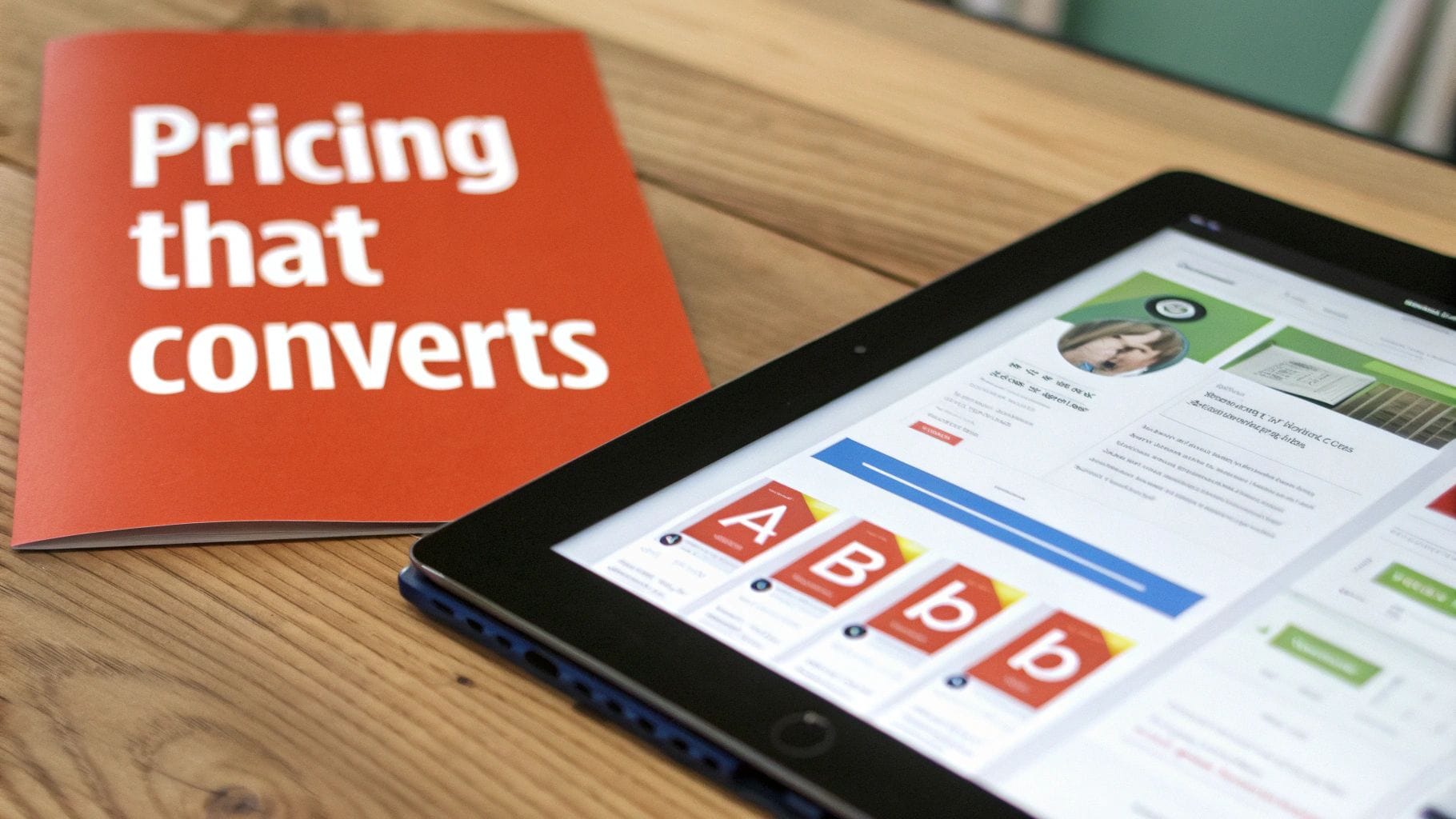 A red booklet titled "Pricing that converts" is in the foreground, alongside a tablet displaying a user interface with various app sections and content, resting on a wooden table.
