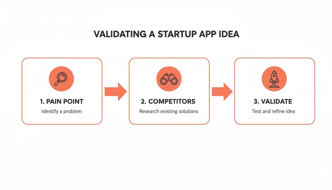 Flowchart titled "VALIDATING A STARTUP APP IDEA" outlining three steps: 1. Pain Point - Identify a problem, 2. Competitors - Research existing solutions, 3. Validate - Test and refine idea.