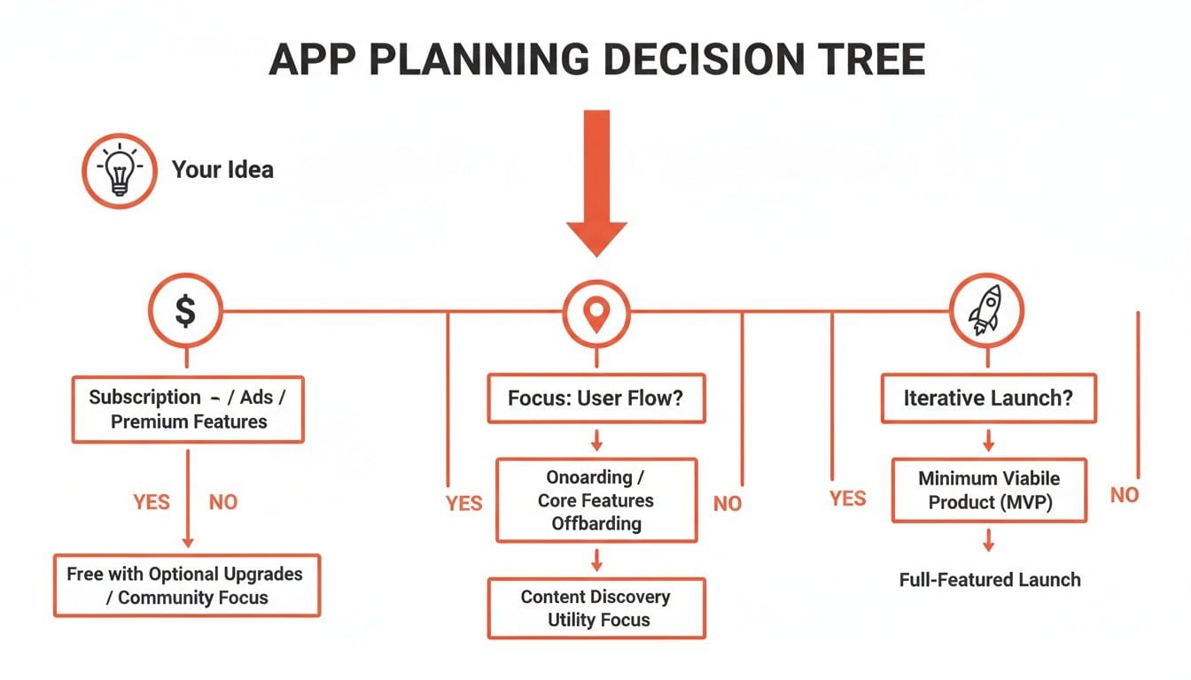 Flowchart titled "App Planning Decision Tree," outlining a series of decision points for app development, including options for monetization, user flow focus, and launch strategies.