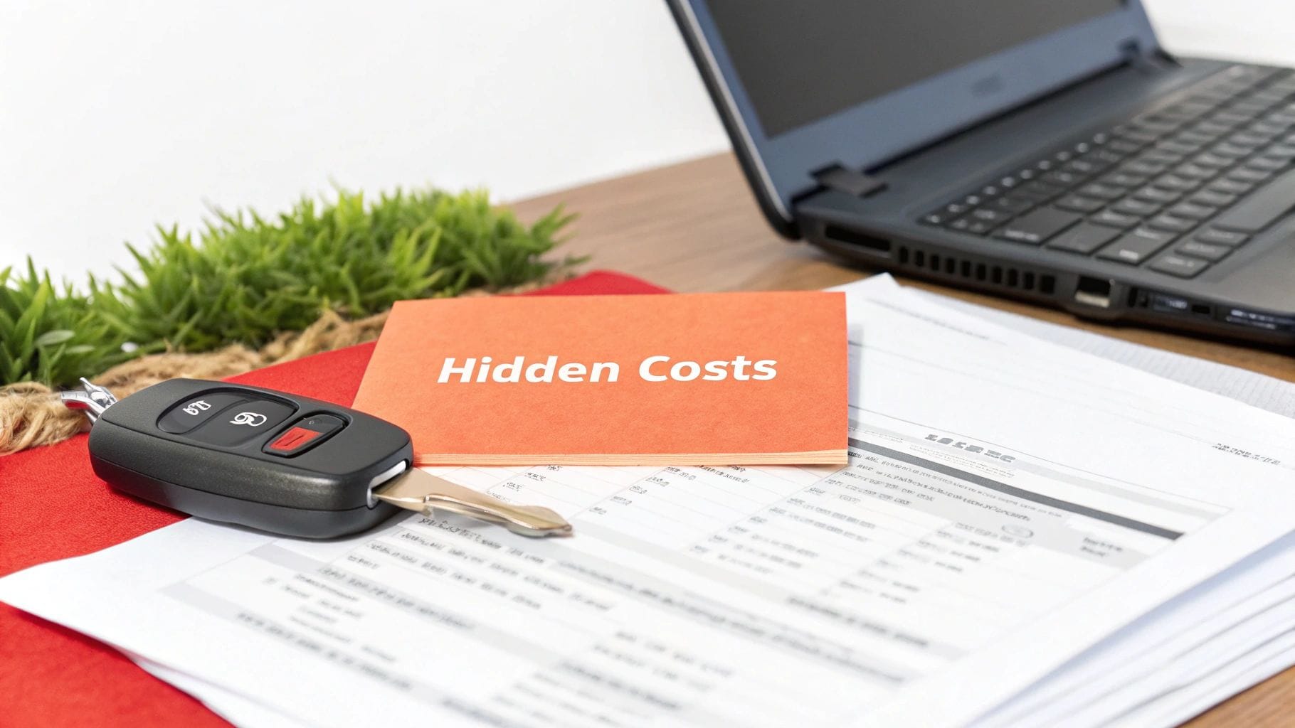 A laptop, a stack of papers, and a car key fob are arranged on a table. An orange card labeled "Hidden Costs" is placed prominently among the documents. Green foliage is visible in the backg