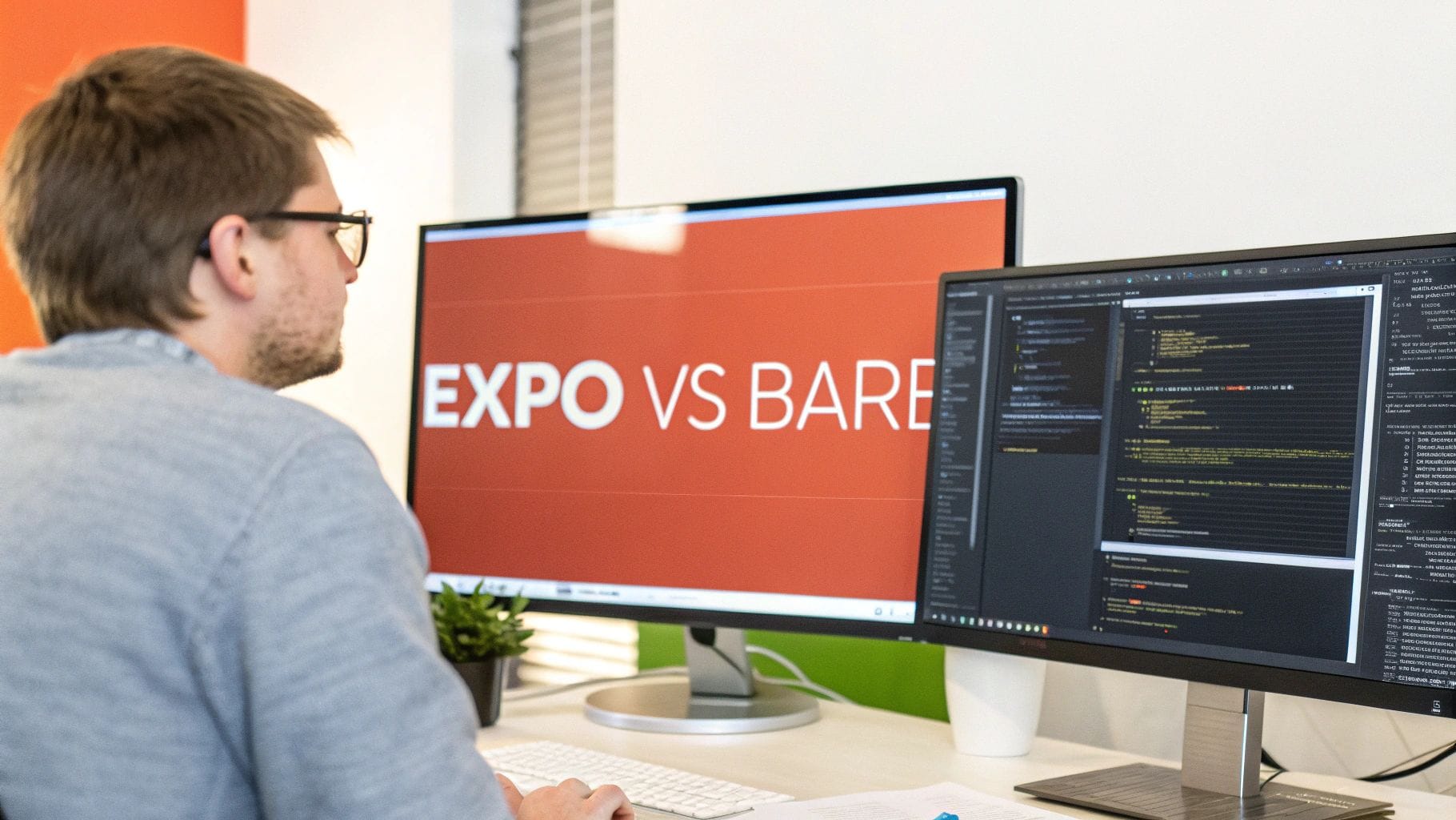 A person with short hair and glasses looks at two computer monitors. One displays "EXPO vs BARE" on a bright orange background, while the other shows programming code.