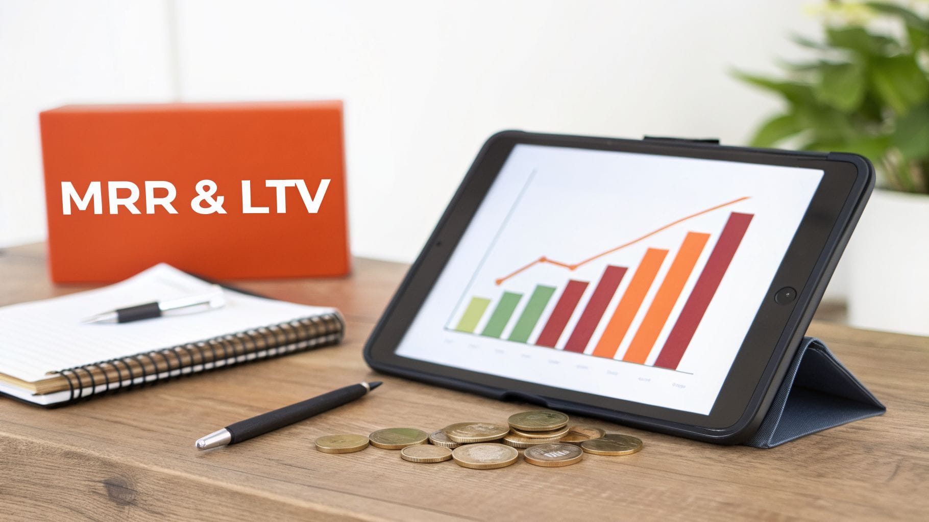 A tablet displaying a bar graph with green, orange, and red bars sits on a wooden table, surrounded by coins, a black pen, and a spiral notebook, with an orange box labeled "MRR & LTV" in th