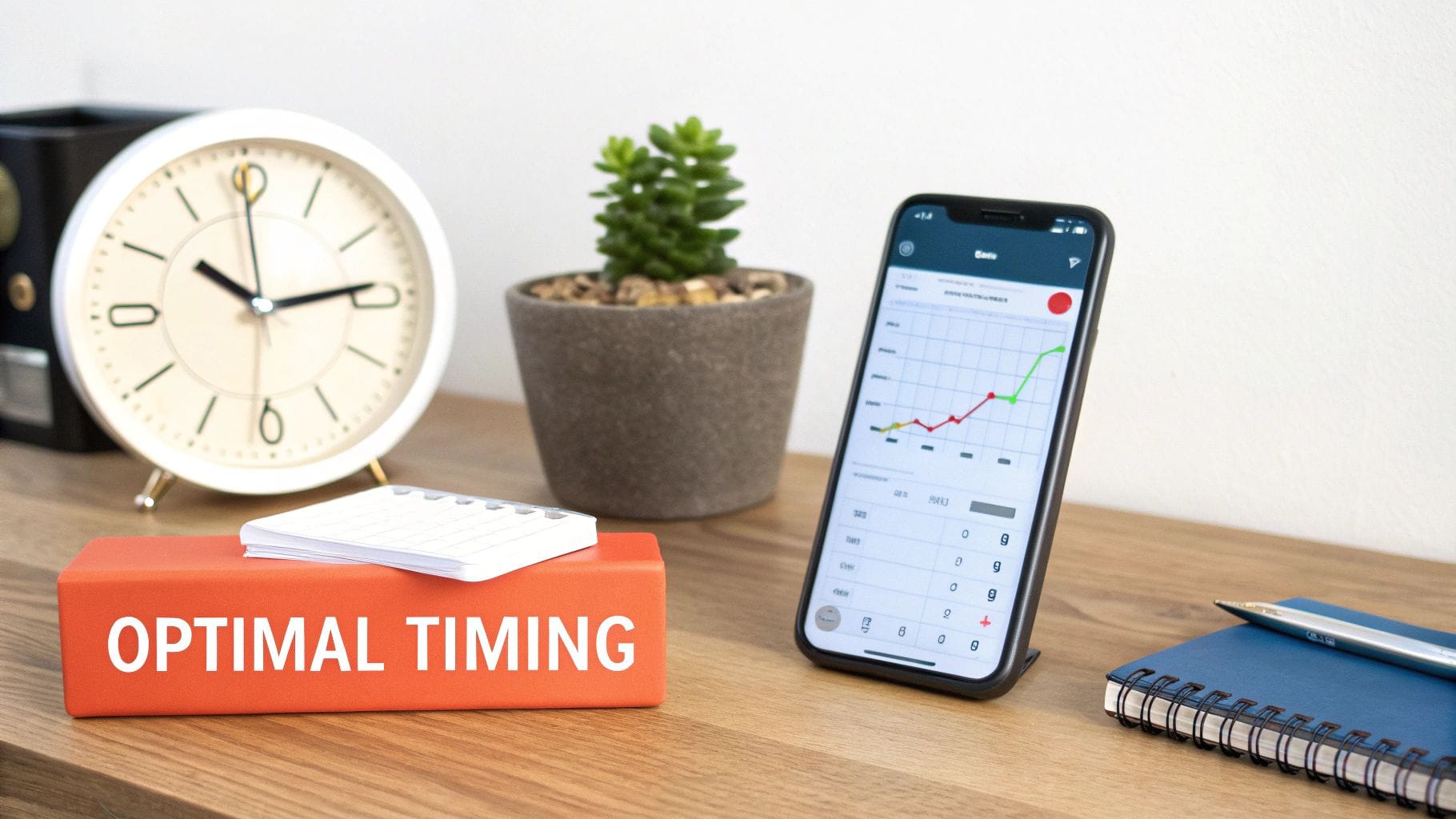 A smartphone displays a graph on a desk next to a clock, a small plant, an orange block labeled "OPTIMAL TIMING," a notepad, and a blue notebook with a pen.