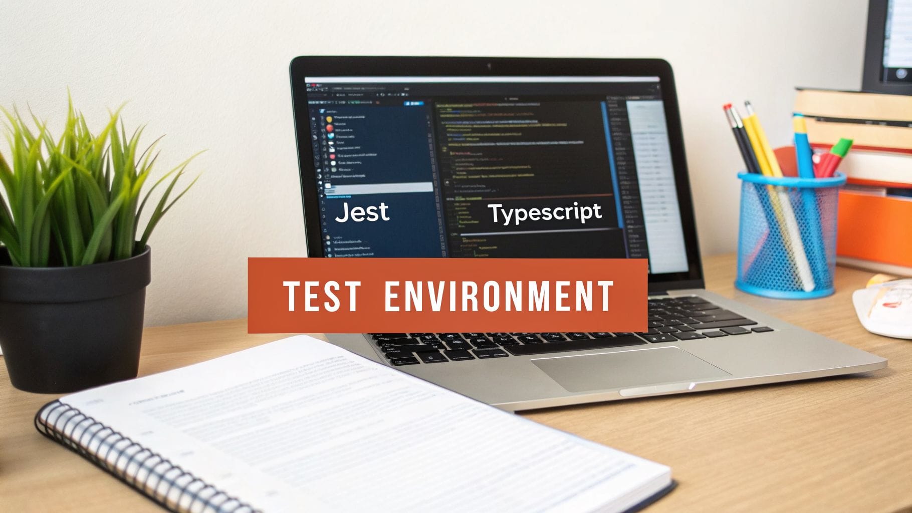 A laptop with a coding interface shows "Jest" and "Typescript" on the screen. A potted plant, a notepad, and stationery are on a wooden desk, emphasizing a productive workspace.