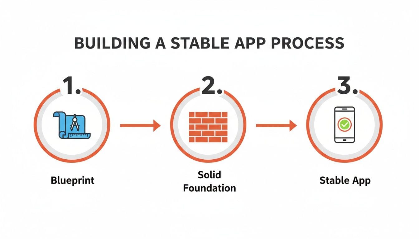 Three steps for building a stable app process are illustrated: 1. Blueprint with drafting tools, 2. Solid foundation represented by bricks, 3. Stable app shown on a phone with a checkmark.