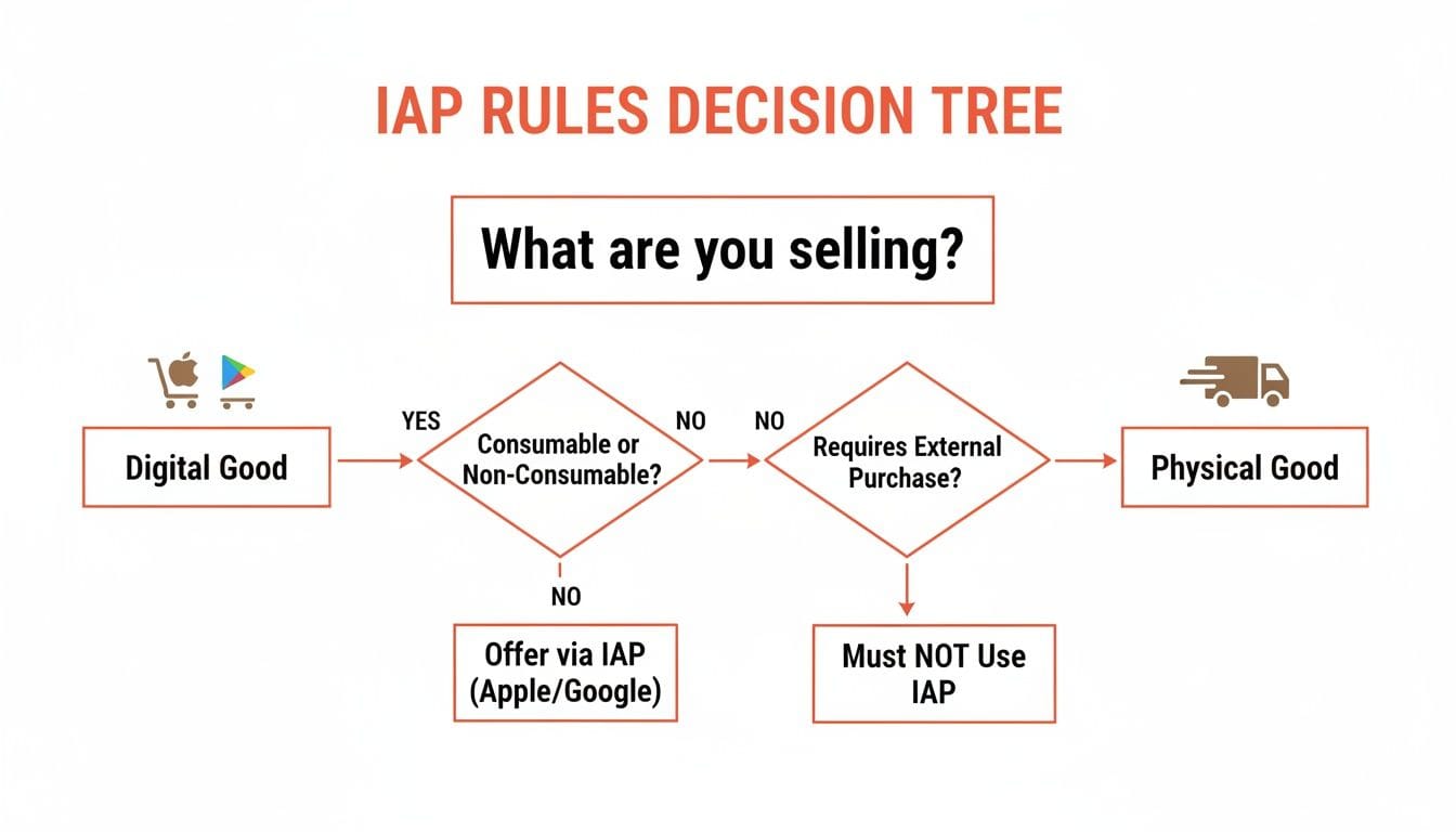 Flowchart titled "IAP Rules Decision Tree" outlines decision paths for selling digital or physical goods, indicating options related to in-app purchases and external purchases.