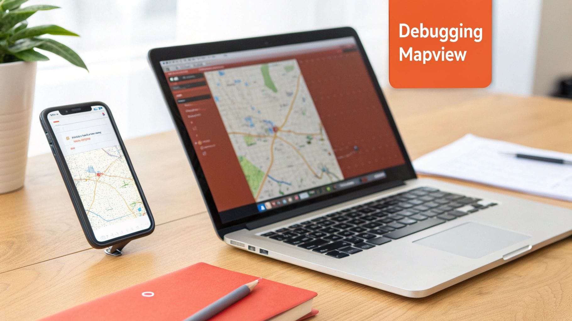 A smartphone and a laptop on a wooden desk, both displaying a map interface. A potted plant is nearby, with a red notebook and a pen in view. A label reads "Debugging Mapview.