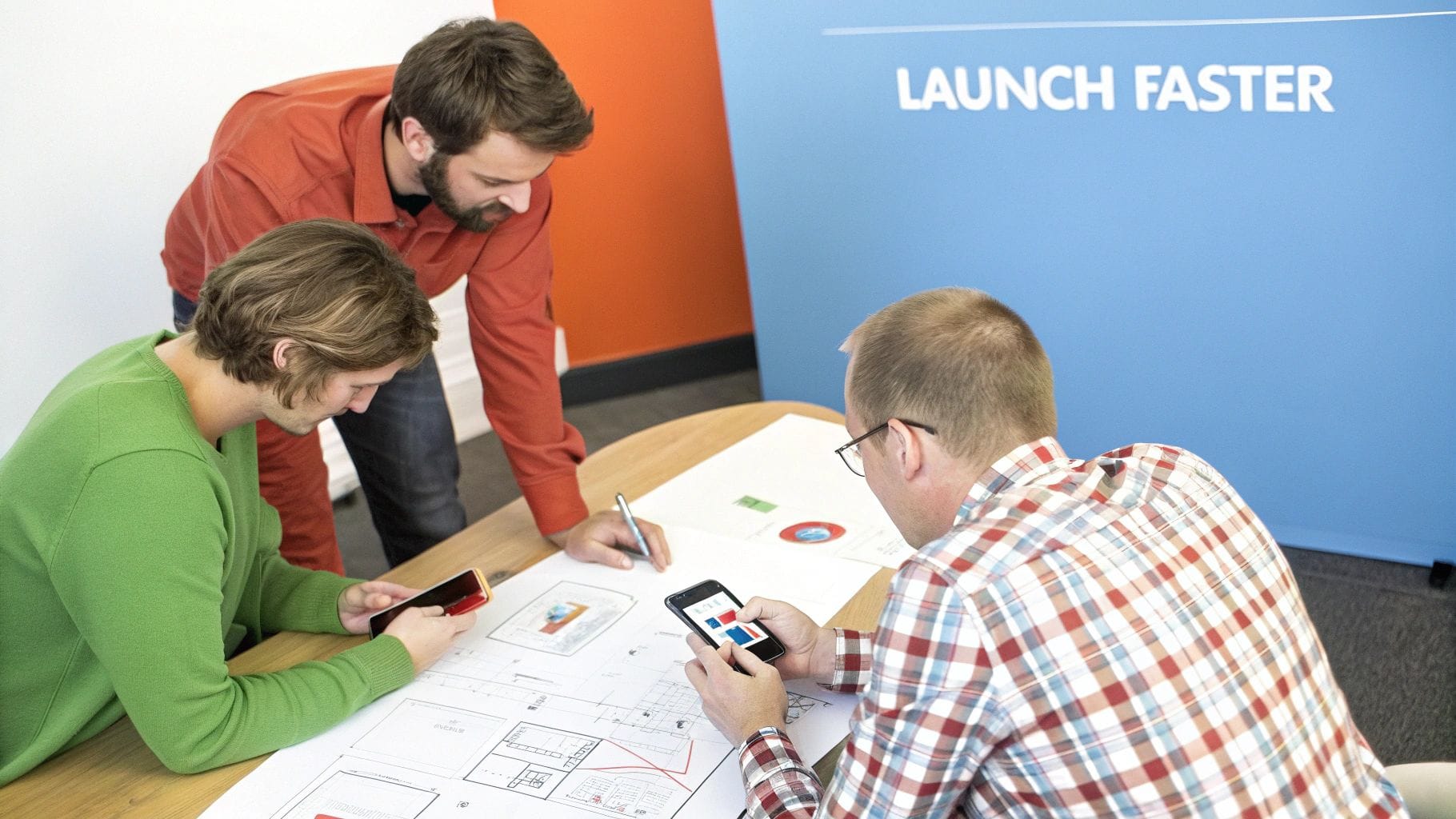 Three individuals collaborate around a table, reviewing app design sketches and using smartphones, against a backdrop featuring the phrase "LAUNCH FASTER.