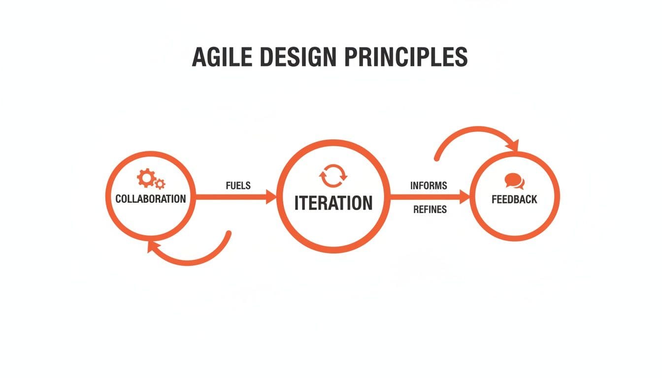 Three circular icons connected by arrows depict agile design principles: "Collaboration" leading to "Iteration," which informs and refines "Feedback" in a continuous loop. Text is in bold.