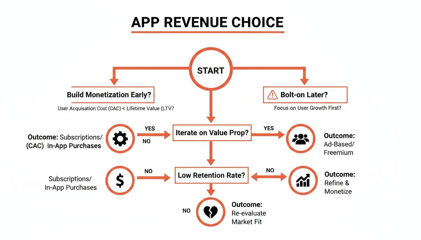Flowchart outlining decisions for app revenue generation. It includes paths for monetization strategies, user growth focus, and outcomes like subscriptions and market fit re-evaluation.