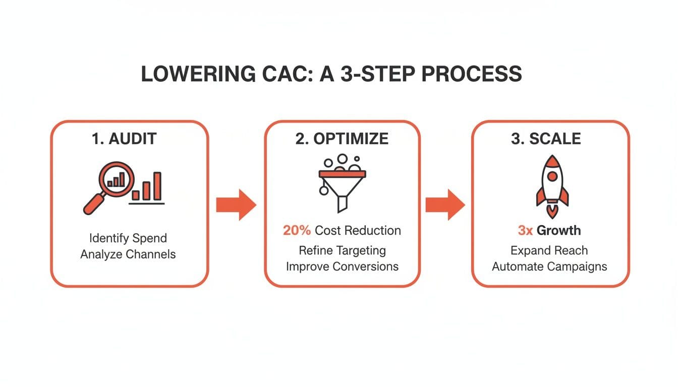 Three-step process for lowering customer acquisition cost includes: 1. Audit - identify spend and analyze channels, 2. Optimize - reduce costs and improve targeting, 3. Scale - expand reach 