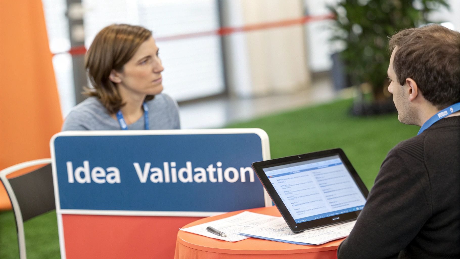 A woman and a man sit at a table with an orange tablecloth, discussing an idea validation session. A sign reading "Idea Validation" is prominently displayed.