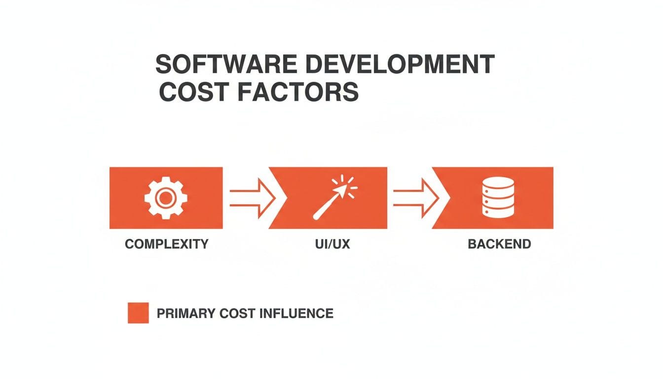Graphic illustrating software development cost factors, showing three connected components: Complexity, UI/UX, and Backend, with arrows indicating flow and highlighting primary cost influenc