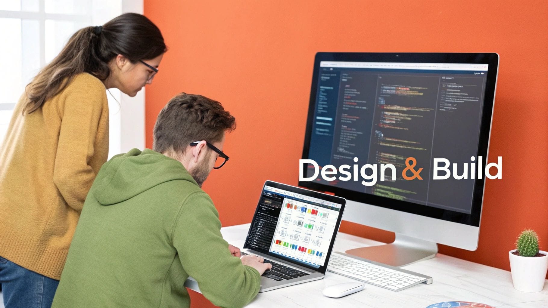 A man in a green hoodie works on a laptop while a woman in a yellow sweater looks over his shoulder. A large monitor displays code, against a vibrant orange wall.