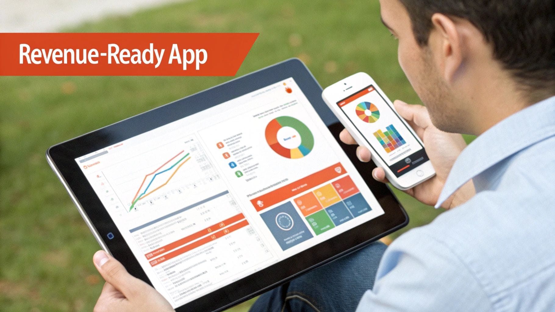 A person sitting on grass interacts with a tablet displaying graphs and charts, while holding a smartphone showing colorful visual data. The text “Revenue-Ready App” is visible above.