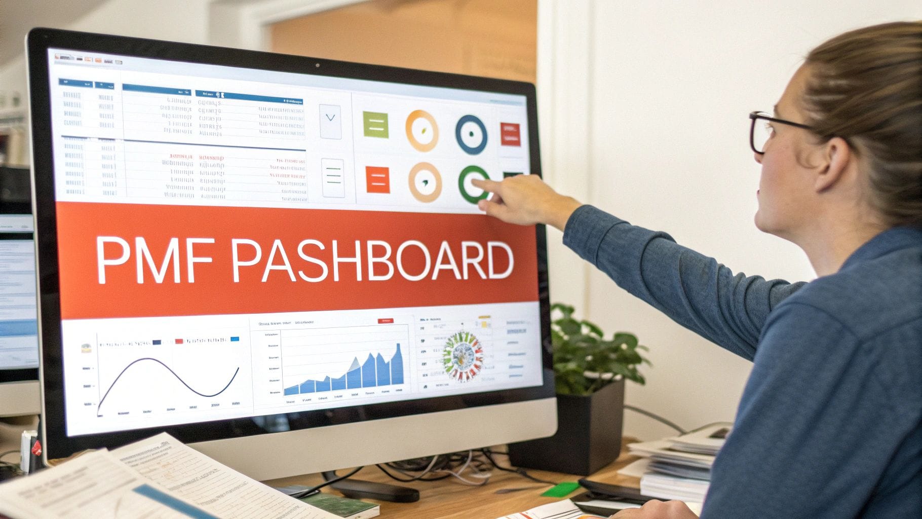 A person with glasses points at a computer screen displaying a colorful PMF dashboard with various graphs, metrics, and charts related to product market fit analysis.