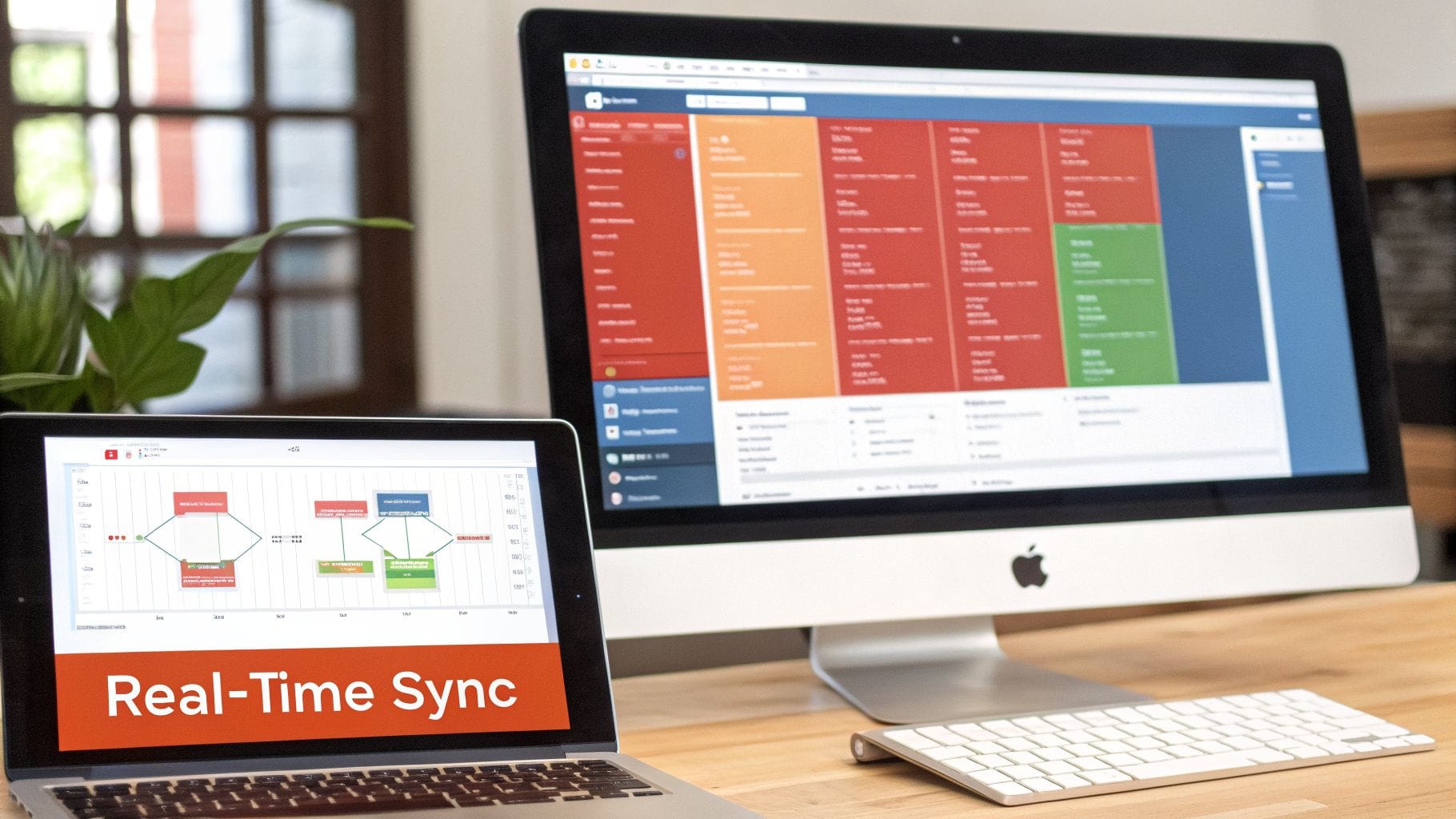 A laptop and a desktop display subscription management screens. The laptop shows a flowchart titled "Real-Time Sync," while the desktop features a colorful overview of subscriptions.