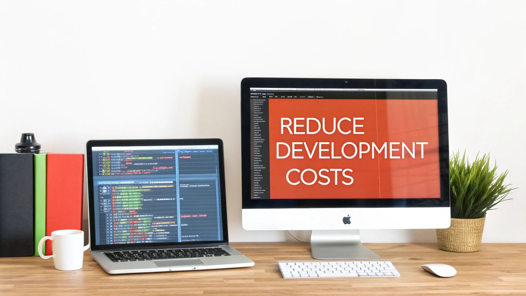 A desk setup featuring two laptops displaying coding screens, a white mug, colorful books, a small plant, and a monitor showing the text "REDUCE DEVELOPMENT COSTS" prominently.