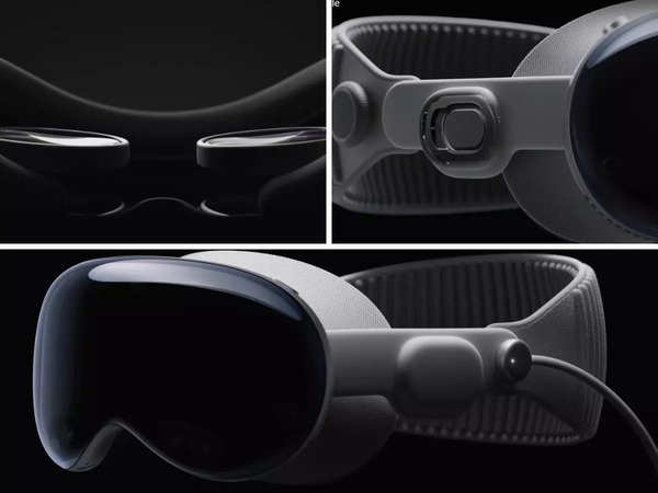 A close-up view of the Apple Vision Pro headset, showcasing its sleek design with two lenses at the front, an adjustable strap, and a control button on the side, all against a dark backgroun