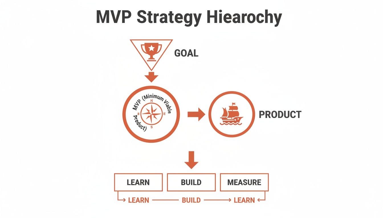 MVP strategy hierarchy diagram displaying a trophy labeled "Goal" at the top, followed by "MVP (Minimum Viable Product)" and an image of a ship leading to "Product," with arrows for "Learn,"