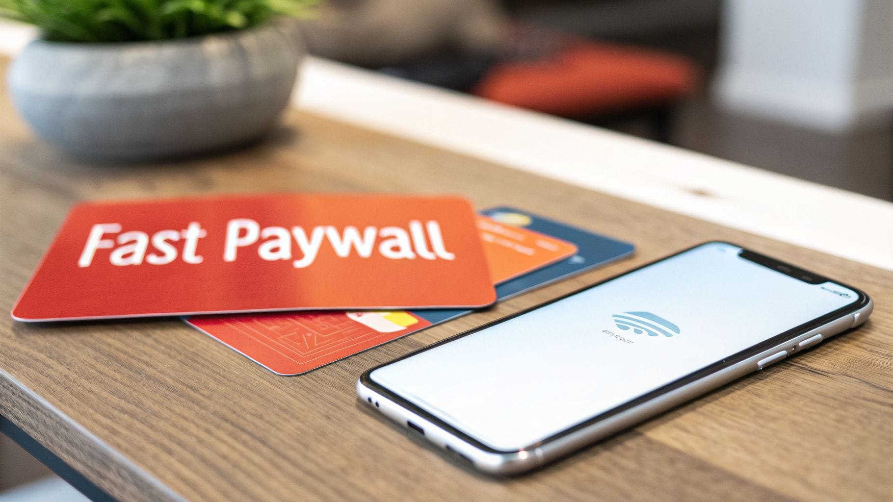 A smartphone displaying a Wi-Fi symbol is placed next to colorful payment cards on a wooden surface. A small potted plant is visible in the background.