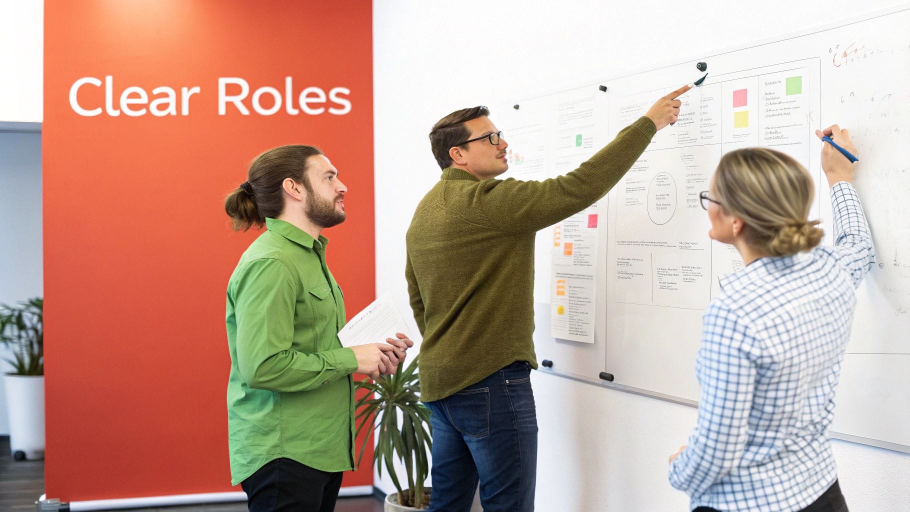Three professionals collaborate in an office setting, discussing tasks by pointing at a whiteboard filled with notes and markers, while a red wall displays the text "Clear Roles.