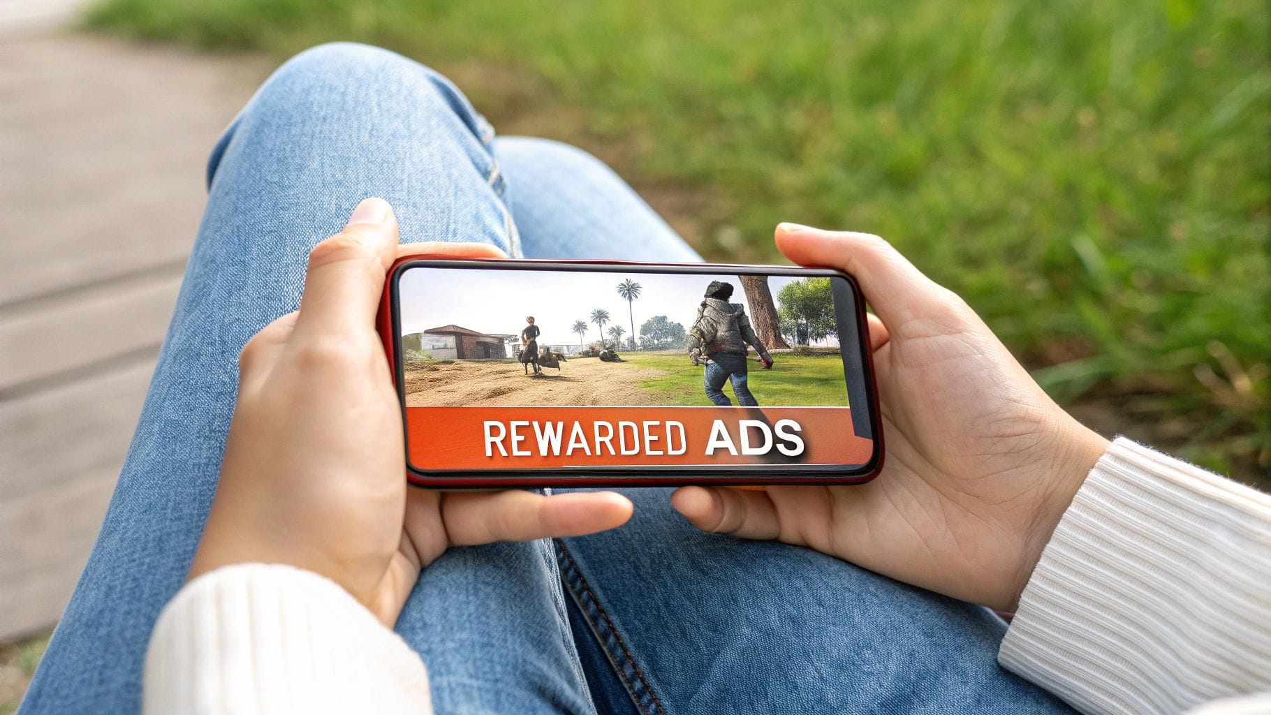 A person holds a smartphone displaying a screen labeled "REWARDED ADS" with a scene showing characters in a grassy outdoor setting, while sitting on wooden planks.
