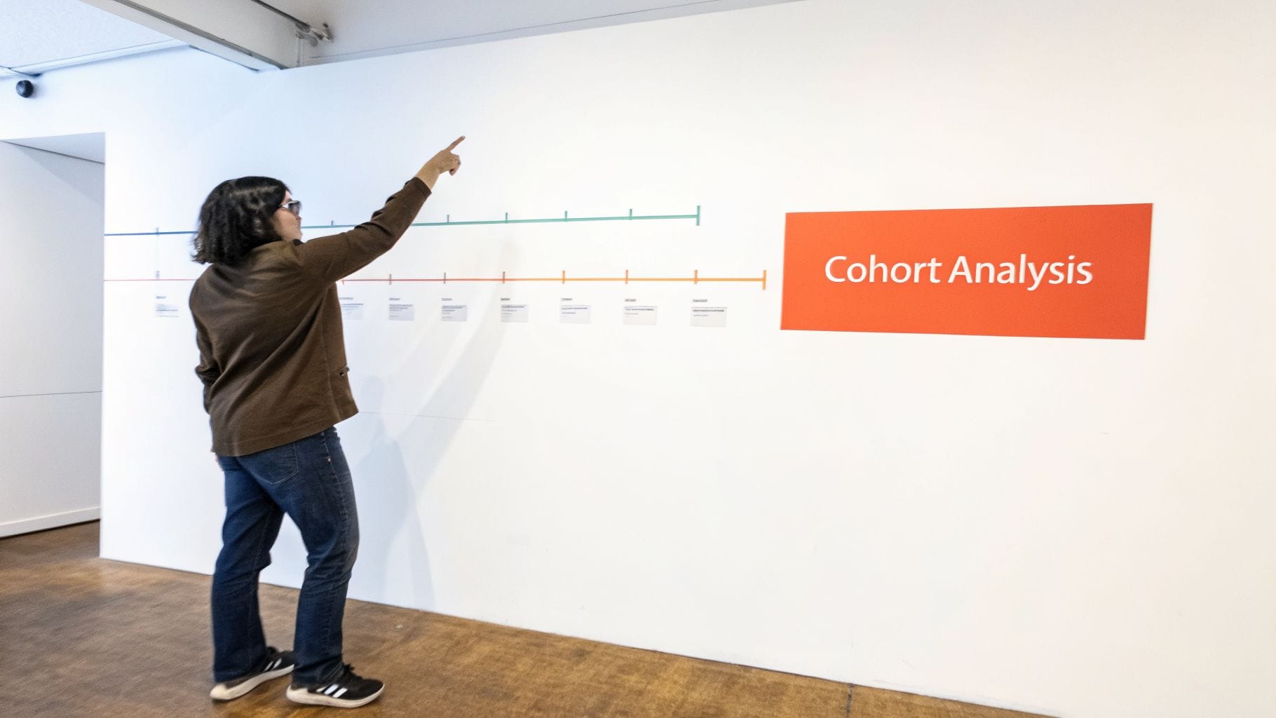 A person with curly black hair points at a wall featuring a colorful timeline and a bold orange sign that reads "Cohort Analysis.