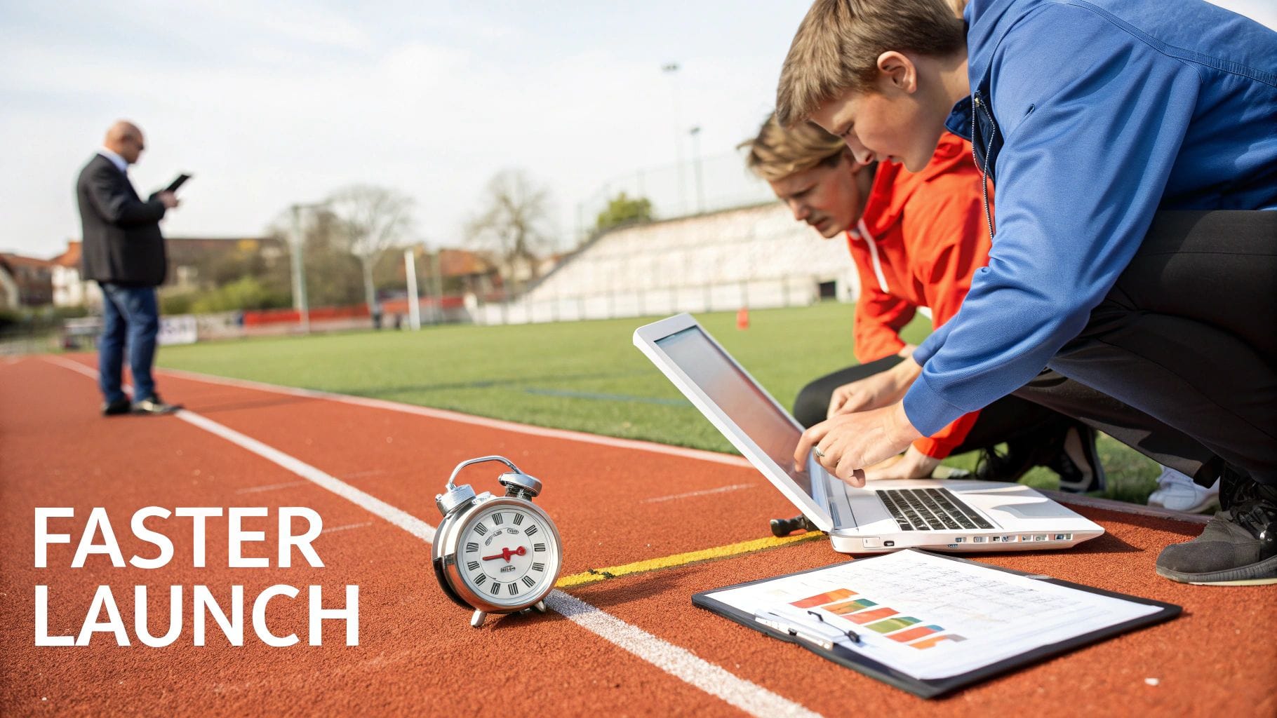 Two individuals crouch on a running track, focused on a laptop. An alarm clock sits nearby, and a person in a suit is seen in the background, involved in a separate task.